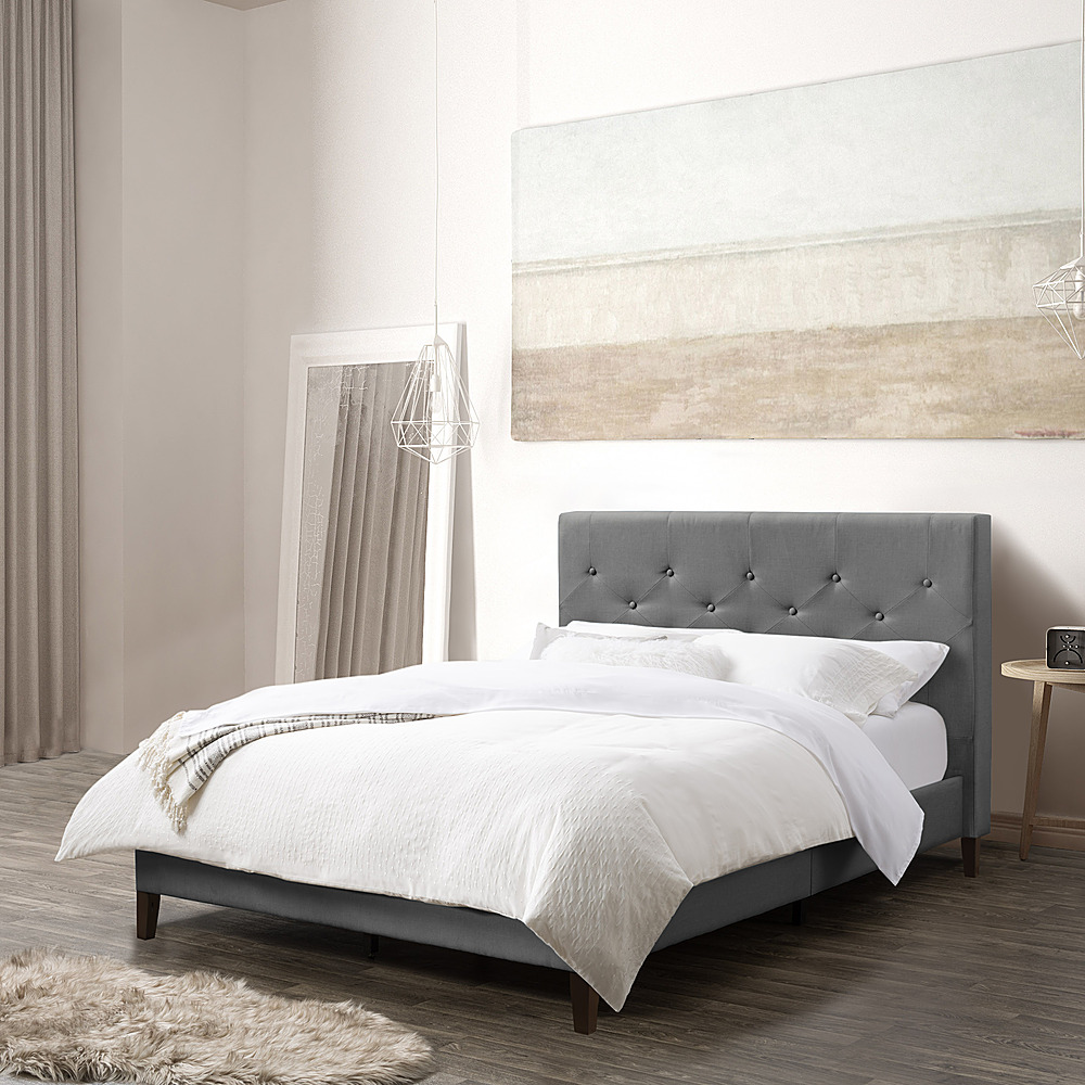 Left View: CorLiving - Nova Ridge Tufted Upholstered Bed, Full - Light Gray