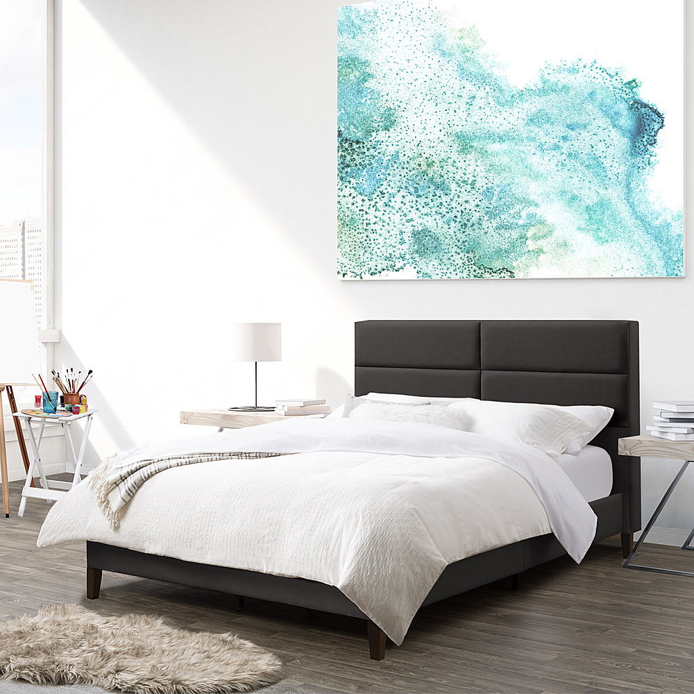 Left View: CorLiving - Bellevue Wide Panel Upholstered Bed, Full - Dark Gray