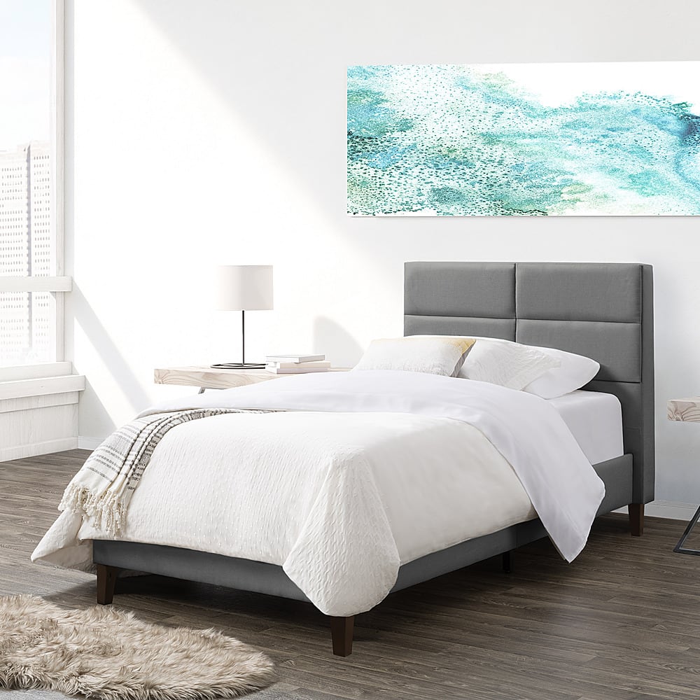 Left View: CorLiving - Bellevue Wide Panel Upholstered Bed, Twin - Light Gray