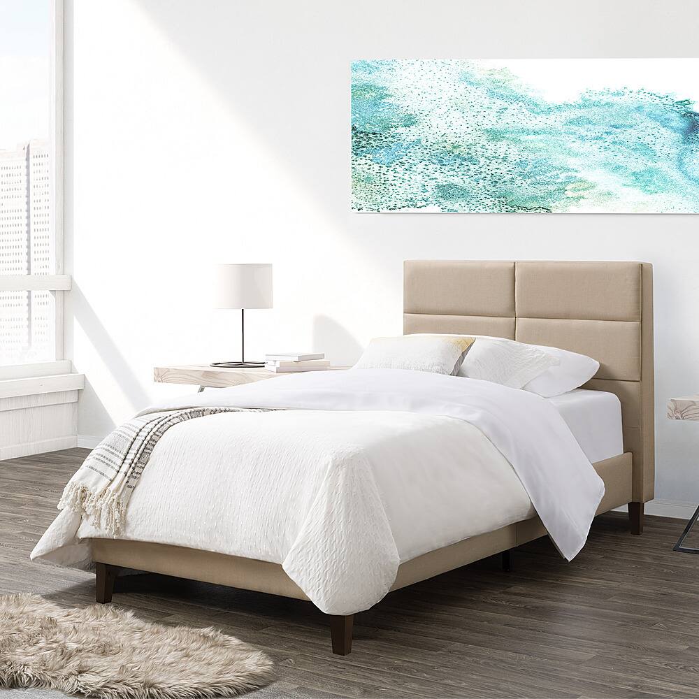 Left View: CorLiving - Bellevue Wide Panel Upholstered Bed, Twin - Beige