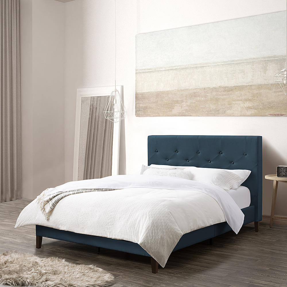 Left View: CorLiving - Nova Ridge Tufted Upholstered Bed, Full - Ocean Blue