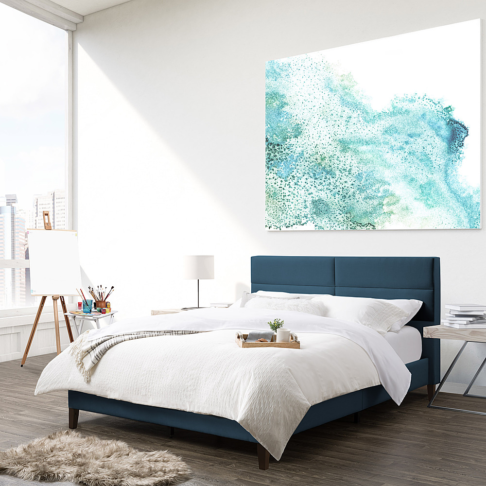 Left View: CorLiving - Bellevue Wide Panel Upholstered Bed, Queen - Ocean Blue