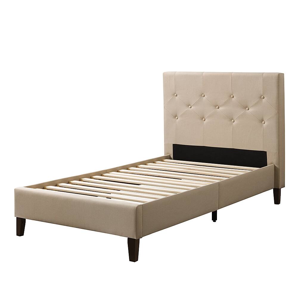 Angle. CorLiving - Nova Ridge Tufted Upholstered Bed, Twin - Cream.