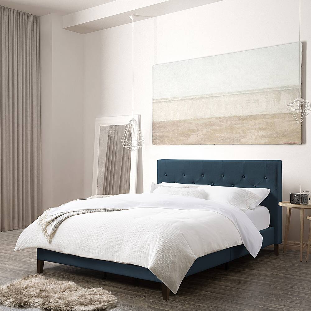 Left View: CorLiving - Nova Ridge Tufted Upholstered Bed, Queen - Ocean Blue