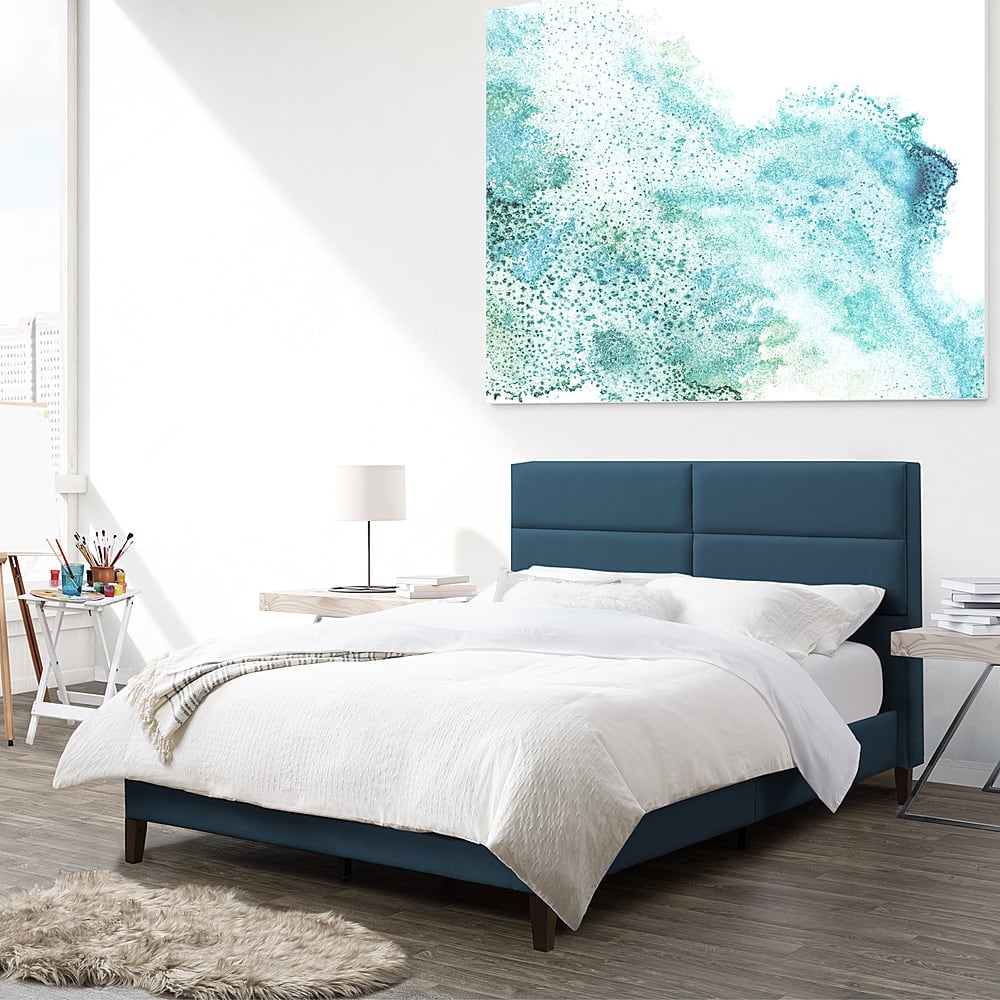 Left View: CorLiving - Bellevue Wide Panel Upholstered Bed, Full - Ocean Blue