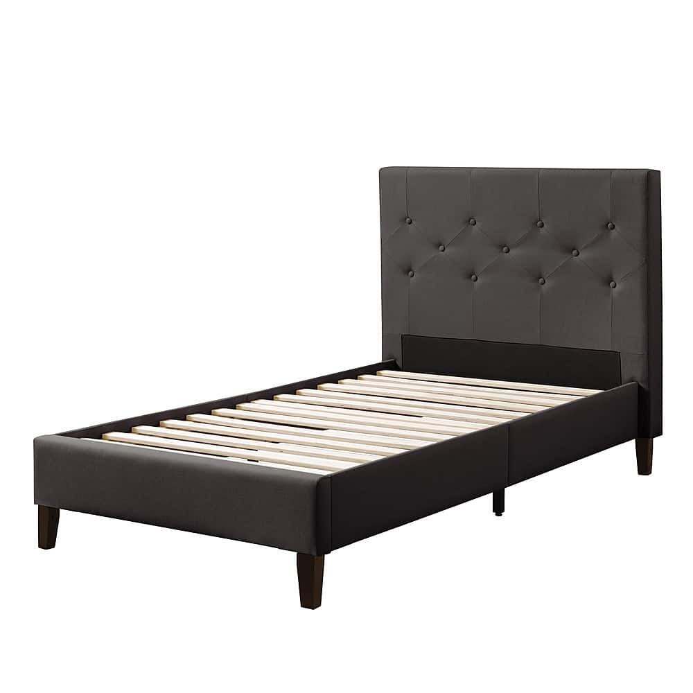 Angle. CorLiving - Nova Ridge Tufted Upholstered Bed, Twin - Dark Gray.
