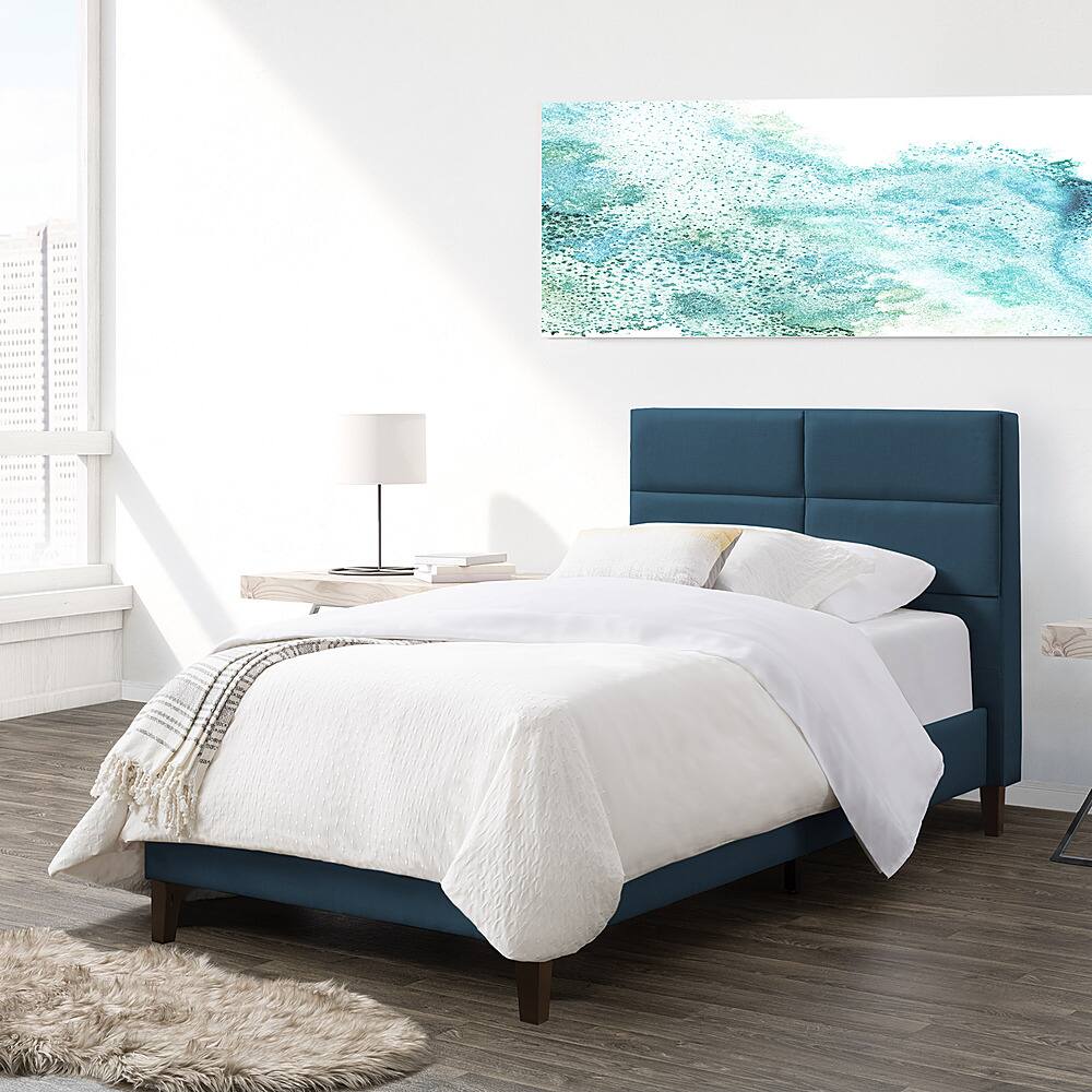 Left View: CorLiving - Bellevue Wide Panel Upholstered Bed, Twin - Ocean Blue