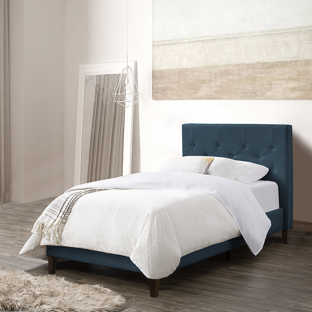 Left View: CorLiving - Nova Ridge Tufted Upholstered Bed, Twin - Ocean Blue