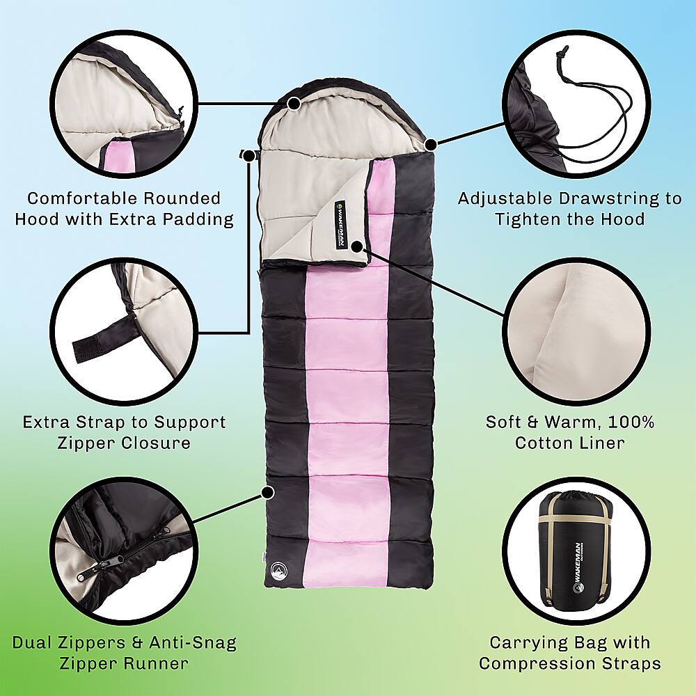 Alt View 13. Wakeman - 35F Rated 3 Season Envelope Style with Hood with Carry Bag - Pink And Black.