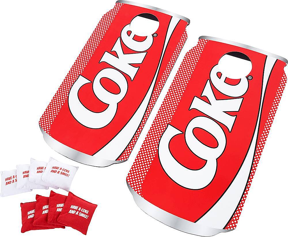 Hey! Play! - Coca Cola Cornhole Outdoor Game Set, 2 Wooden Coke Can-Shaped Corn Hole Toss Boards with 8 Bean Bags
