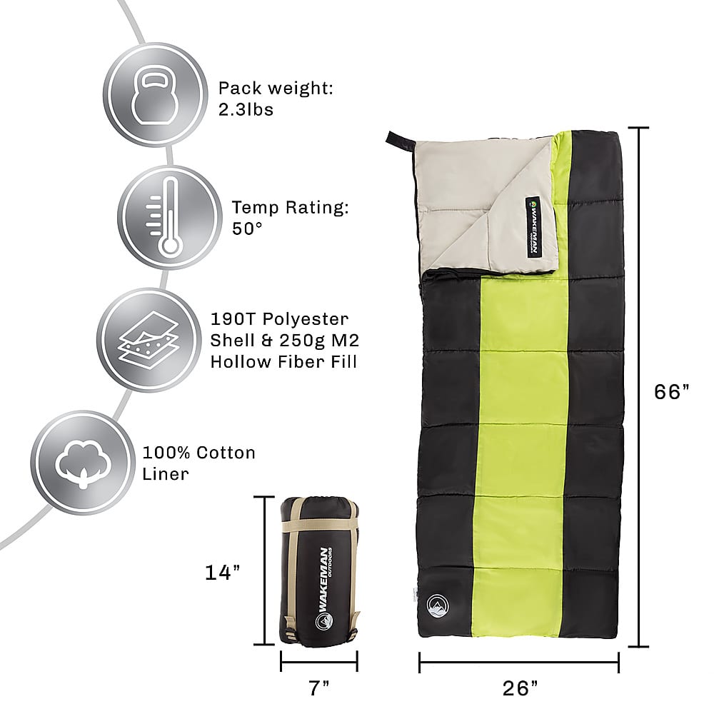 Alt View 12. Wakeman - Kids Sleeping Bag-Lightweight, Carrying Bag with Compression Straps - Neon Green/Black.