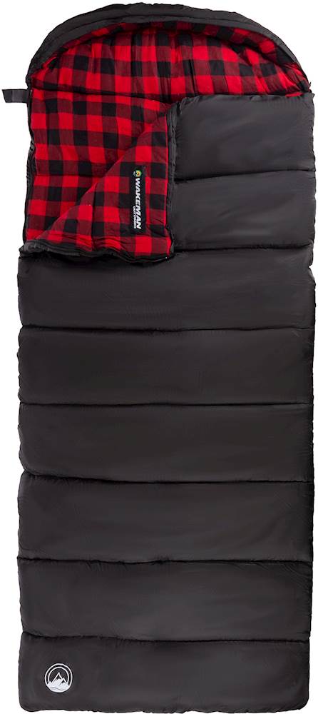 32F Rated XL 3 Season Envelope Style with Hood with Carry Bag by Wakeman Outdoors (Black) - Black with Red Plaid Liner