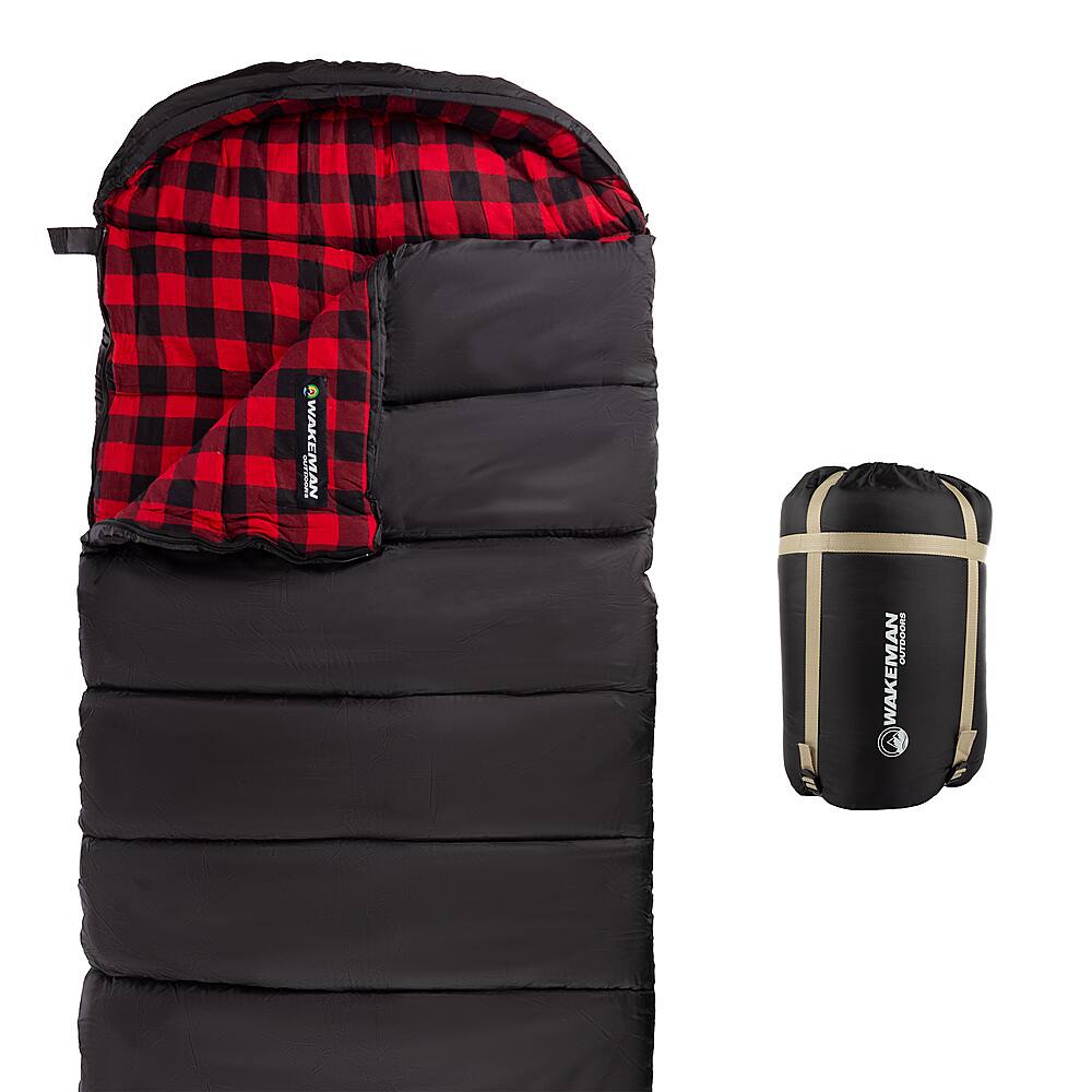Alt View 11. Wakeman - 32F Rated XL 3 Season Envelope Style with Hood with Carry Bag - Black with Red Plaid Liner.