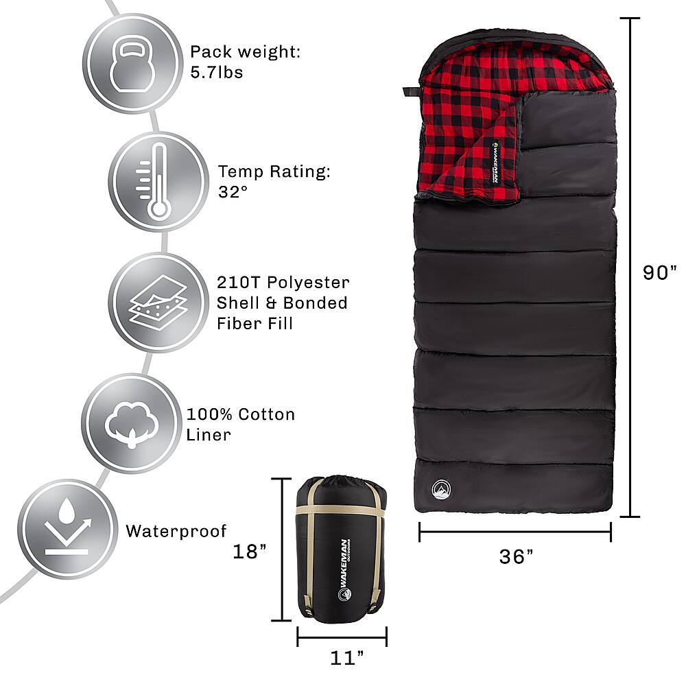 Alt View 12. Wakeman - 32F Rated XL 3 Season Envelope Style with Hood with Carry Bag - Black with Red Plaid Liner.