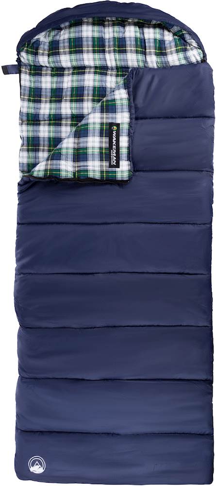 Front. Wakeman - 32F Rated XL 3 Season Envelope Style with Hood with Carry Bag - Navy with Plaid Liner.