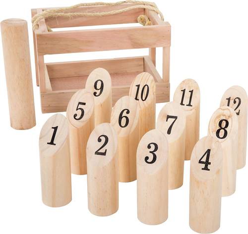 Wooden Throwing Game-Complete Set, 12 Numbered Pins, Throwing Dowel, Carrying Crate-Outdoor Lawn Games by Hey! Play!