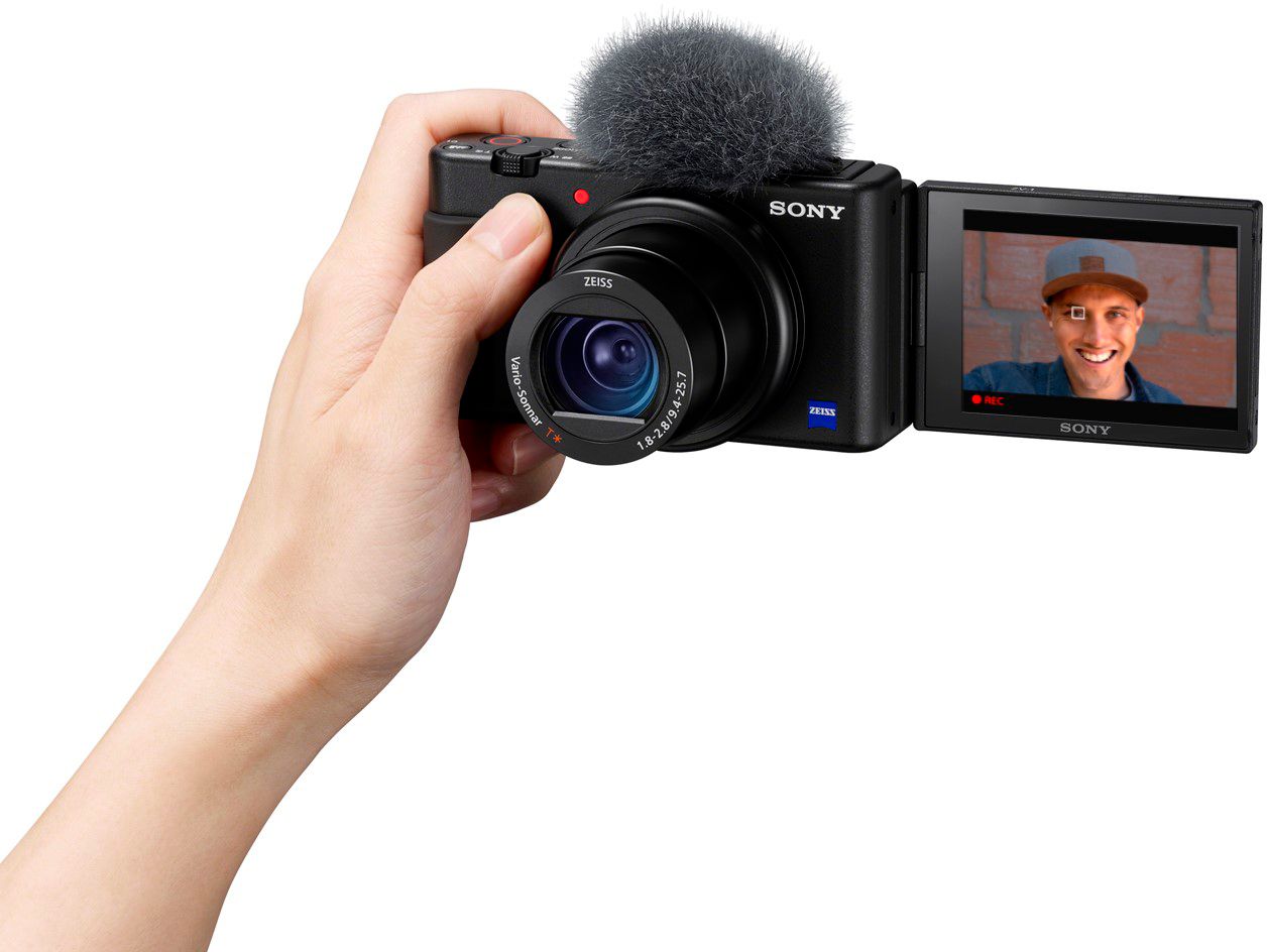 Digitalkamera, 24-70mm, seitlich klappbares Selfie-Display für Vlogging & YouTube, 4K Video Kompakt, Kabellos, Batterielos Sony Vlog-Kamera ZV-1 + Shotgun Mikrofon ECM-B10 
