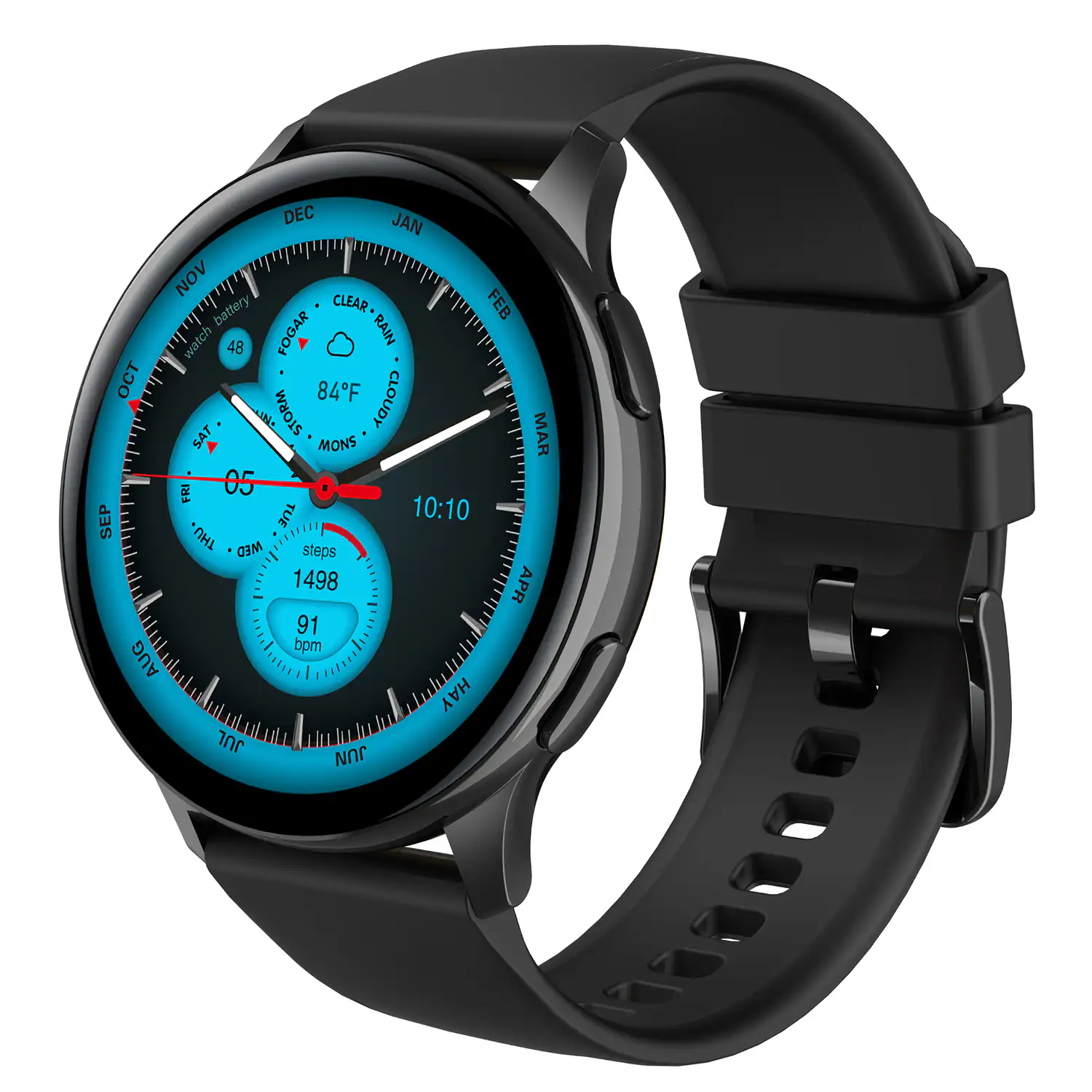 DEC JAN NOV battery CLEAR FEB watch 48 FOGAR RAIN OCT 84F CLOUDY SAT 05 SEP TUE 10:10 THU. WED steps 1498 APR 91 bpm AUG HAY JUL JUN