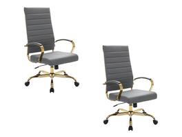 LeisureMod - Set of 2 Benmar High-Back Leather Conference Desk Office Chair with Gold Frame, Adjustable, Swivel and Tilt - Gray