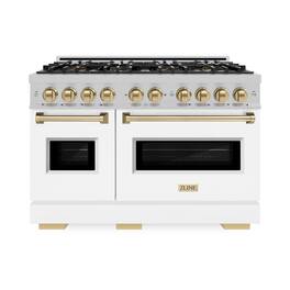 ZLINE - Autograph 48 in. 6.7 cu. ft. Classic Freestanding DuoPro Gas Range in Satin Steel with White Doors & Bronze Accents - White Matte