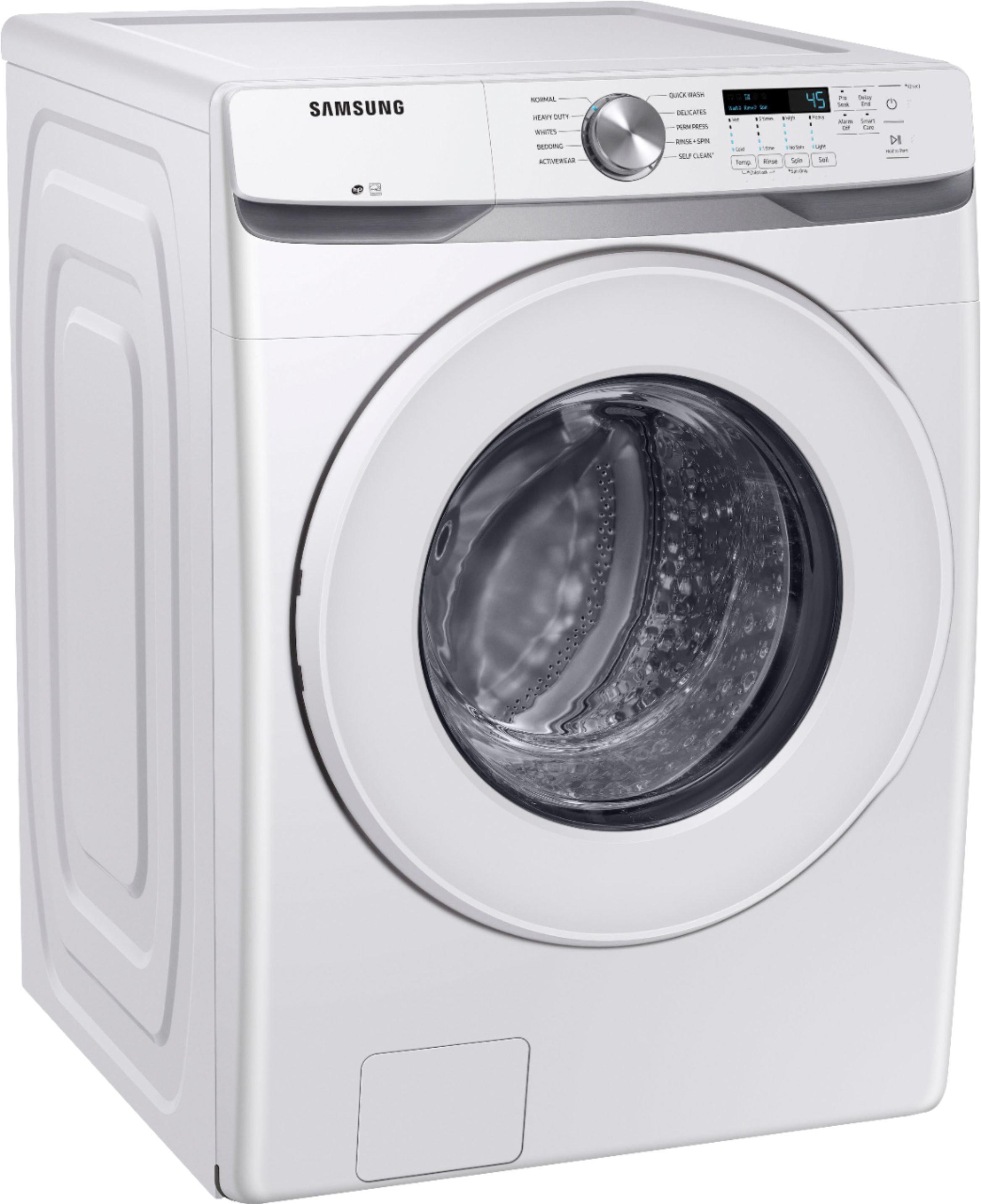 Angle View: Samsung - 4.5 Cu. Ft. High Efficiency Stackable Smart Front Load Washer with Vibration Reduction Technology+ - White