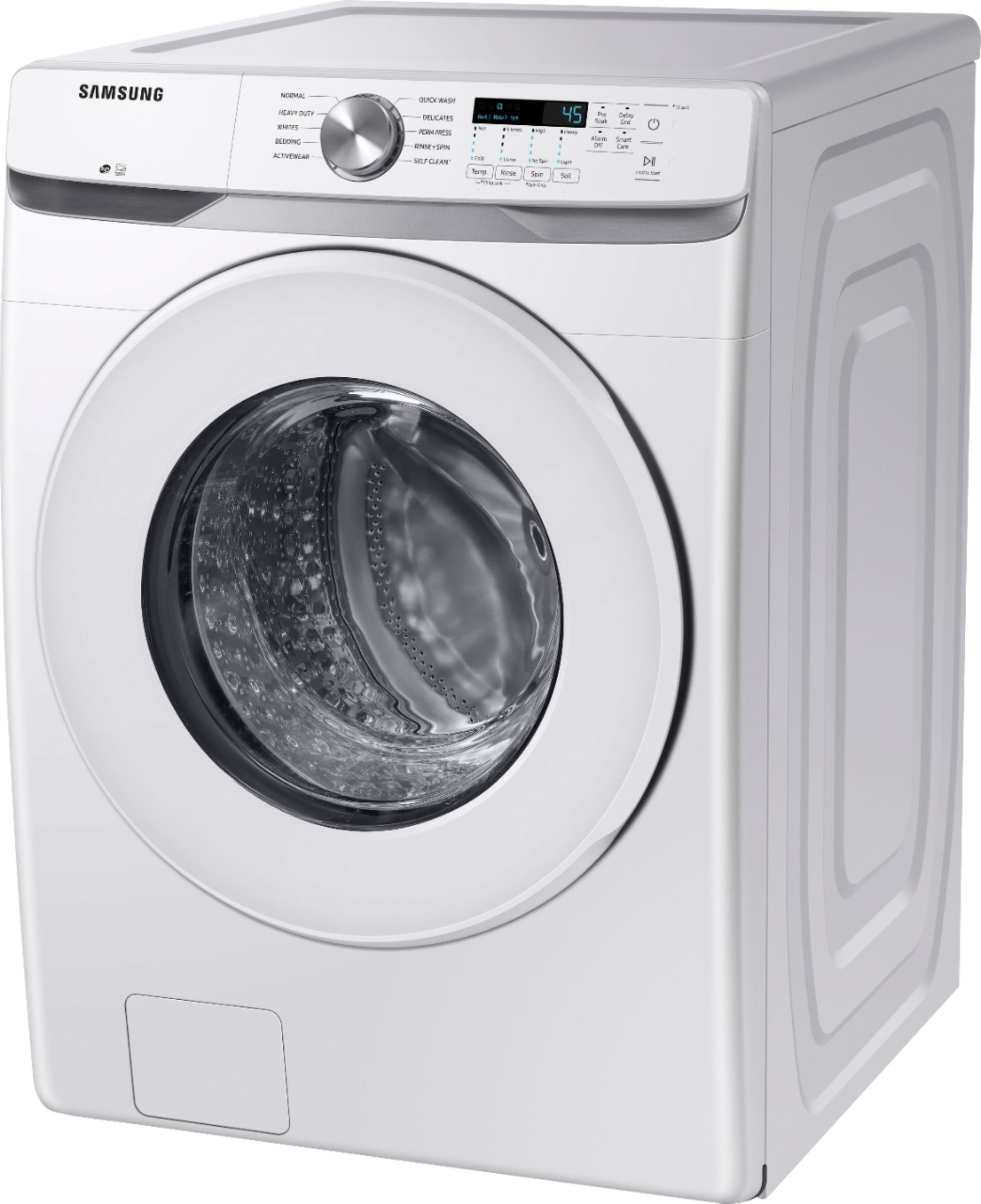 Left View: Samsung - 4.5 Cu. Ft. High Efficiency Stackable Smart Front Load Washer with Vibration Reduction Technology+ - White