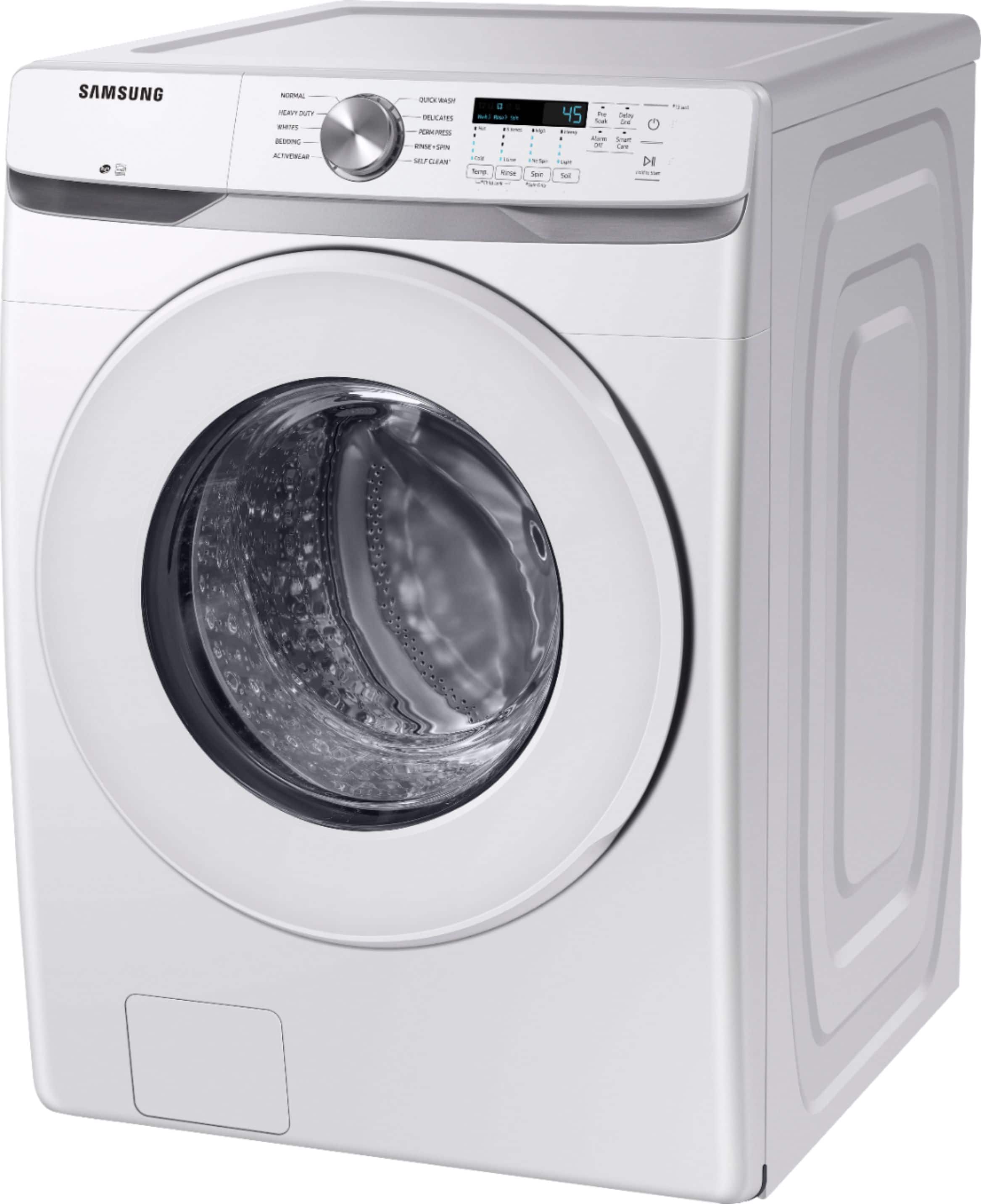 Left. Samsung - 4.5 Cu. Ft. High Efficiency Stackable Smart Front Load Washer with Vibration Reduction Technology+ - White.