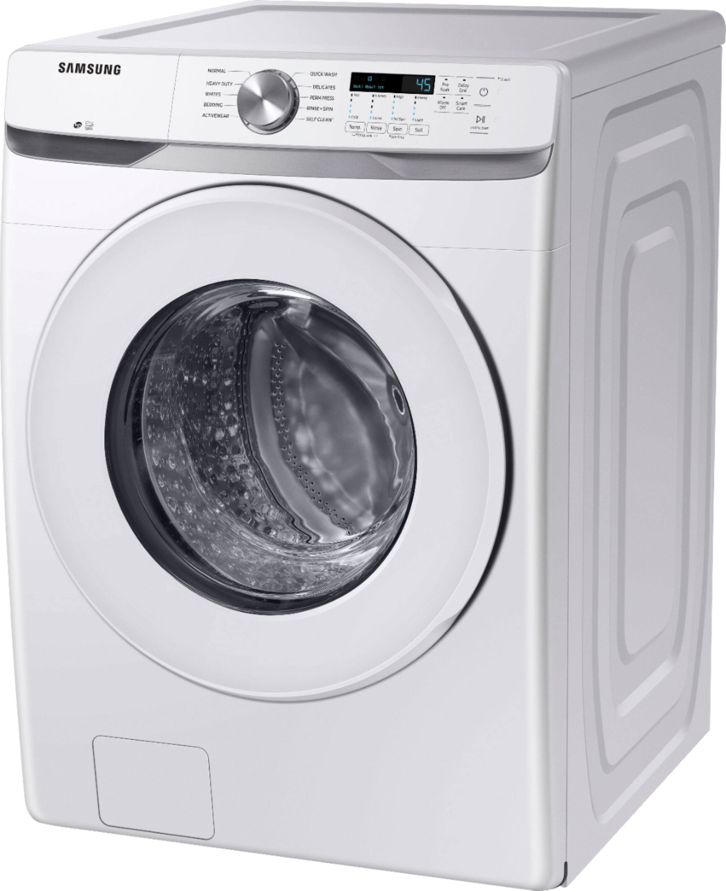 Left. Samsung - 4.5 Cu. Ft. High Efficiency Stackable Smart Front Load Washer with Vibration Reduction Technology+ - White.