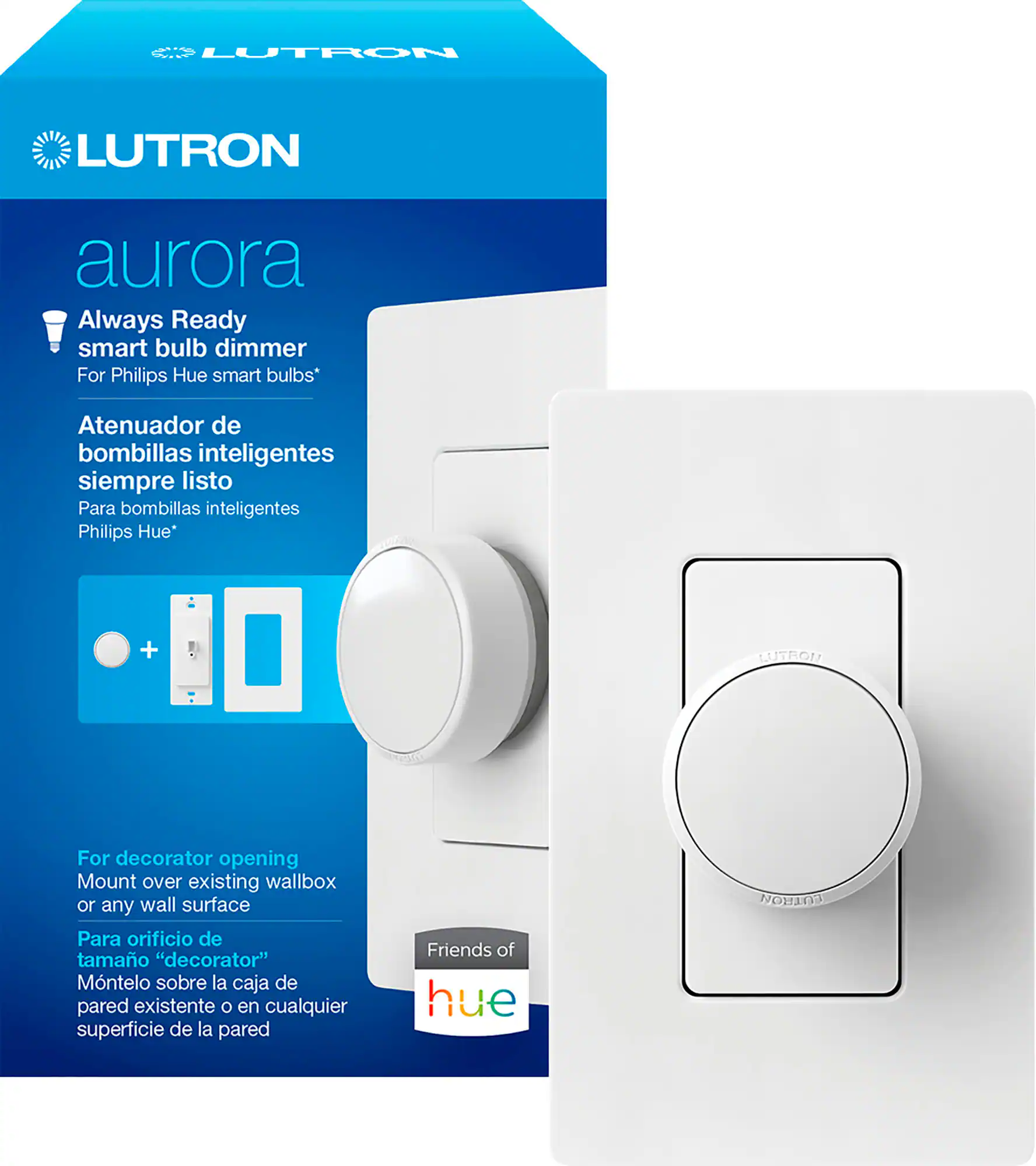Lutron aurora Always Ready smart bulb dimmer For Philips Hue smart bulbs. Atenuador de bombillas inteligentes siempre listo Para bombillas inteligentes Philips Hue. + Lutron. For decorator opening Mount over existing wallbox or any wall surface. Para orificio de tamao "decorator" Mntelo sobre la caja de pared existente o en cualquier superficie de la pared. Friends of hue.