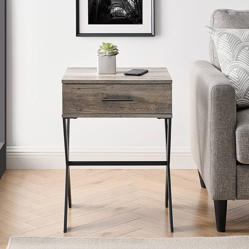 Alt View 13. Walker Edison - Brin 18" X Leg 1 Drawer Metal and Wood Side Table - Grey Wash.