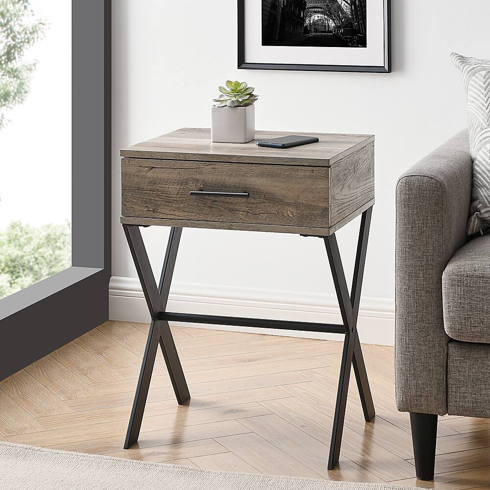 Alt View 14. Walker Edison - Brin 18" X Leg 1 Drawer Metal and Wood Side Table - Grey Wash.