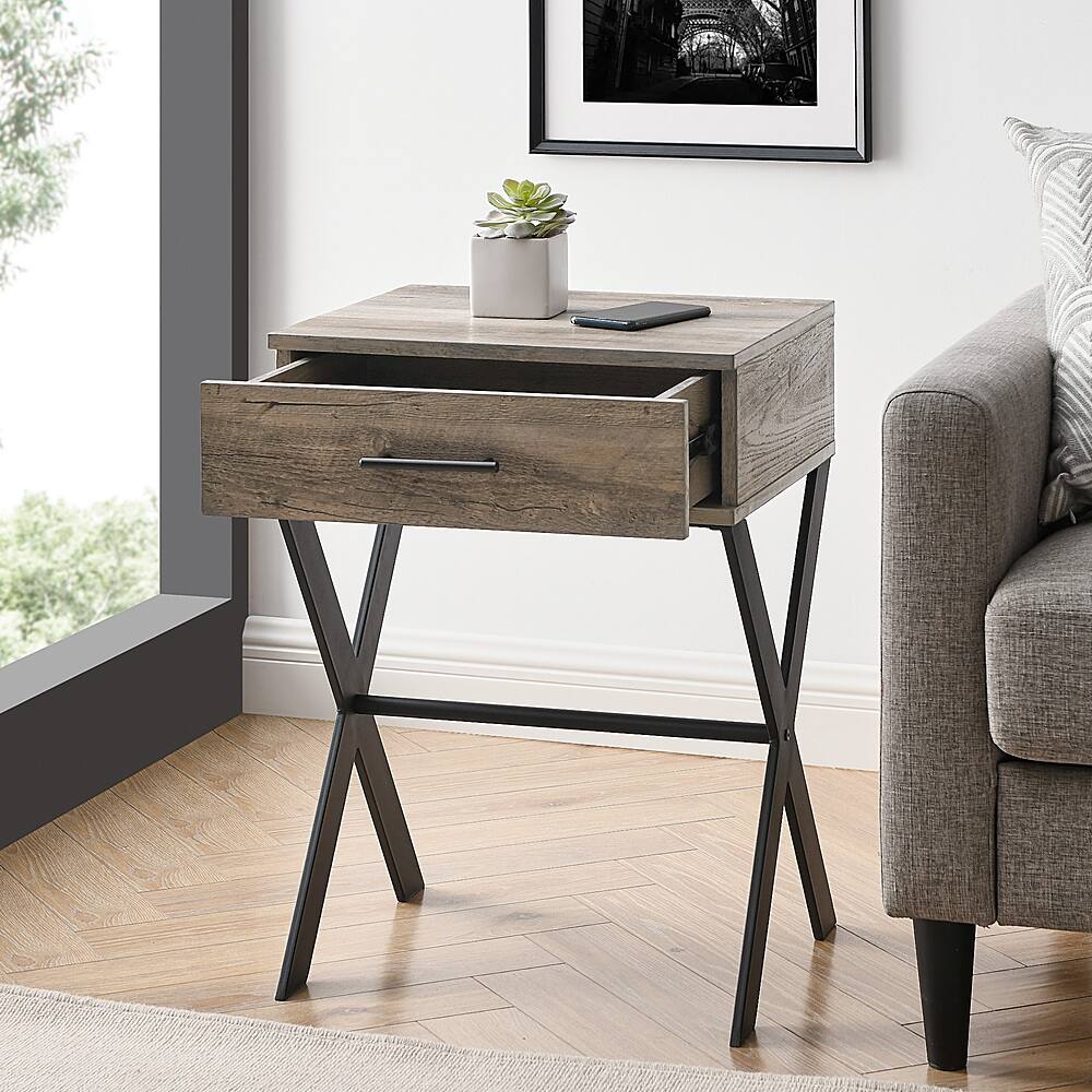 Alt View 15. Walker Edison - Brin 18" X Leg 1 Drawer Metal and Wood Side Table - Grey Wash.