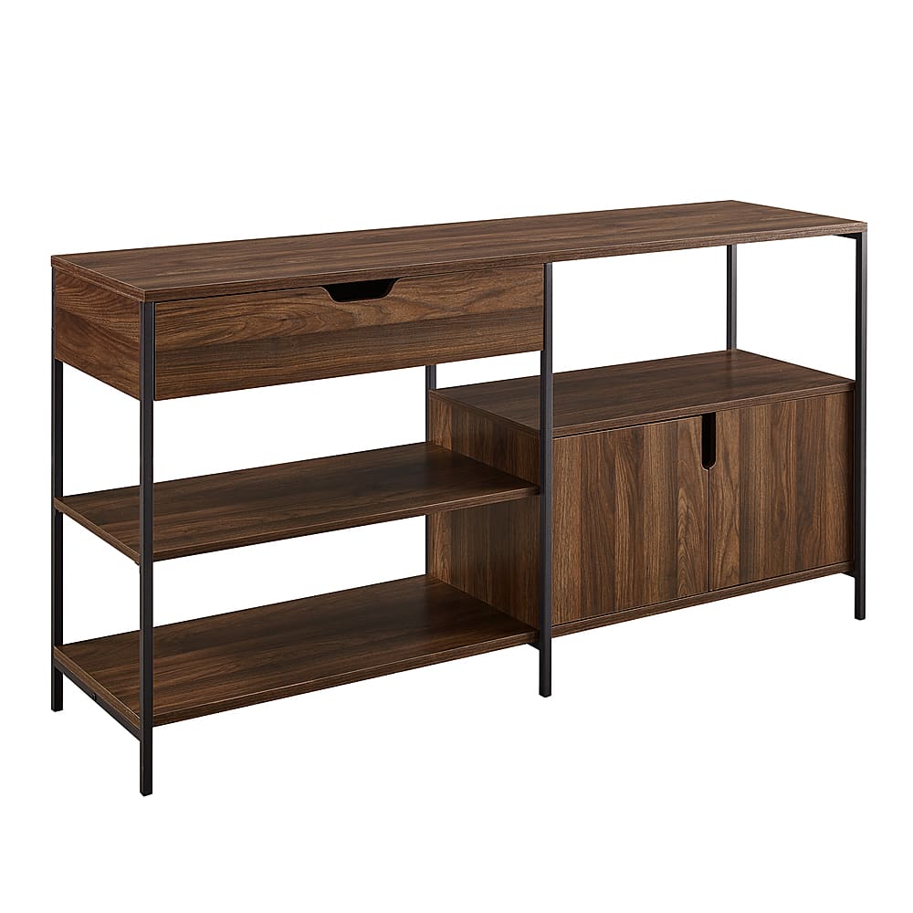 Left View: Walker Edison - Keaton 58" 1 Drawer, 2 Door Storage Shelf - Dark Walnut