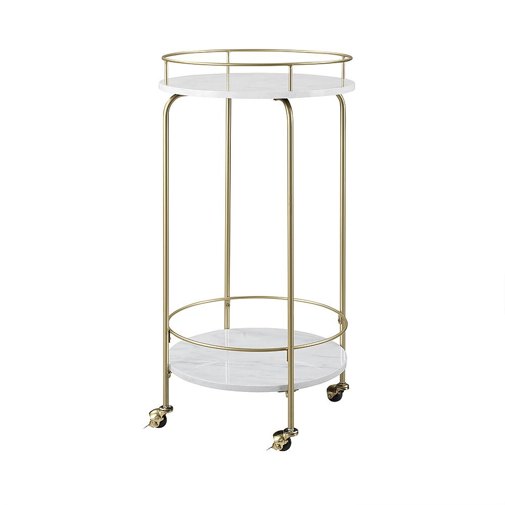 Left View: Walker Edison - Modern Glam Rolling Bar Drink Cart - Faux White Marble Gold