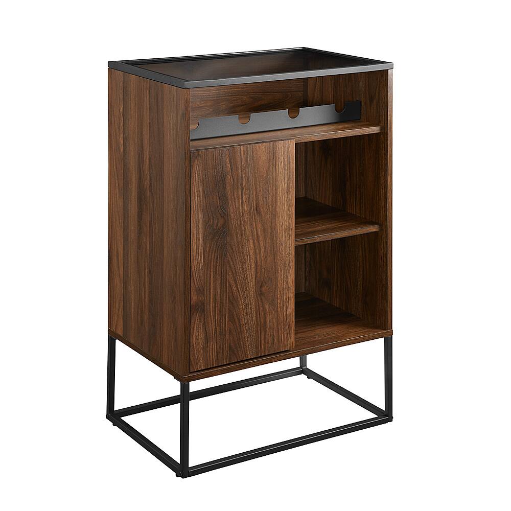 Left View: Walker Edison - Modern Door Glass Top Bar Drink Cabinet - Dark Walnut