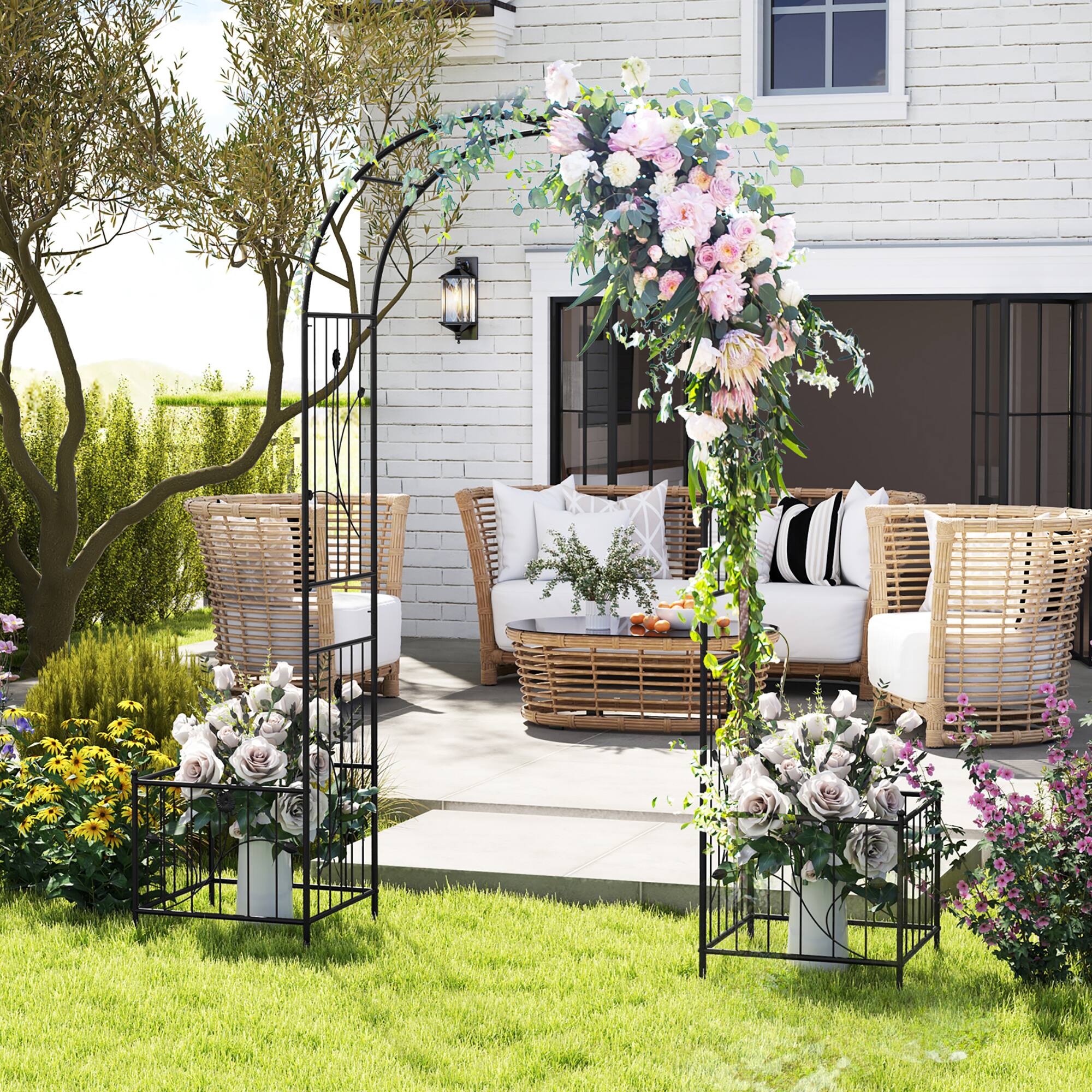 Alt View 1. Gymax - Gymax 86'' Arch Trellis for Climbing Plants w/ Planter Boxes Roses Vines for Wedding - Black.