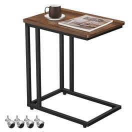 Songmics Home - End Table, C Shaped TV Tray with Metal Frame Rolling Casters, Industrial Side Table for Living Room Bedroom - Dark Walnut and Black