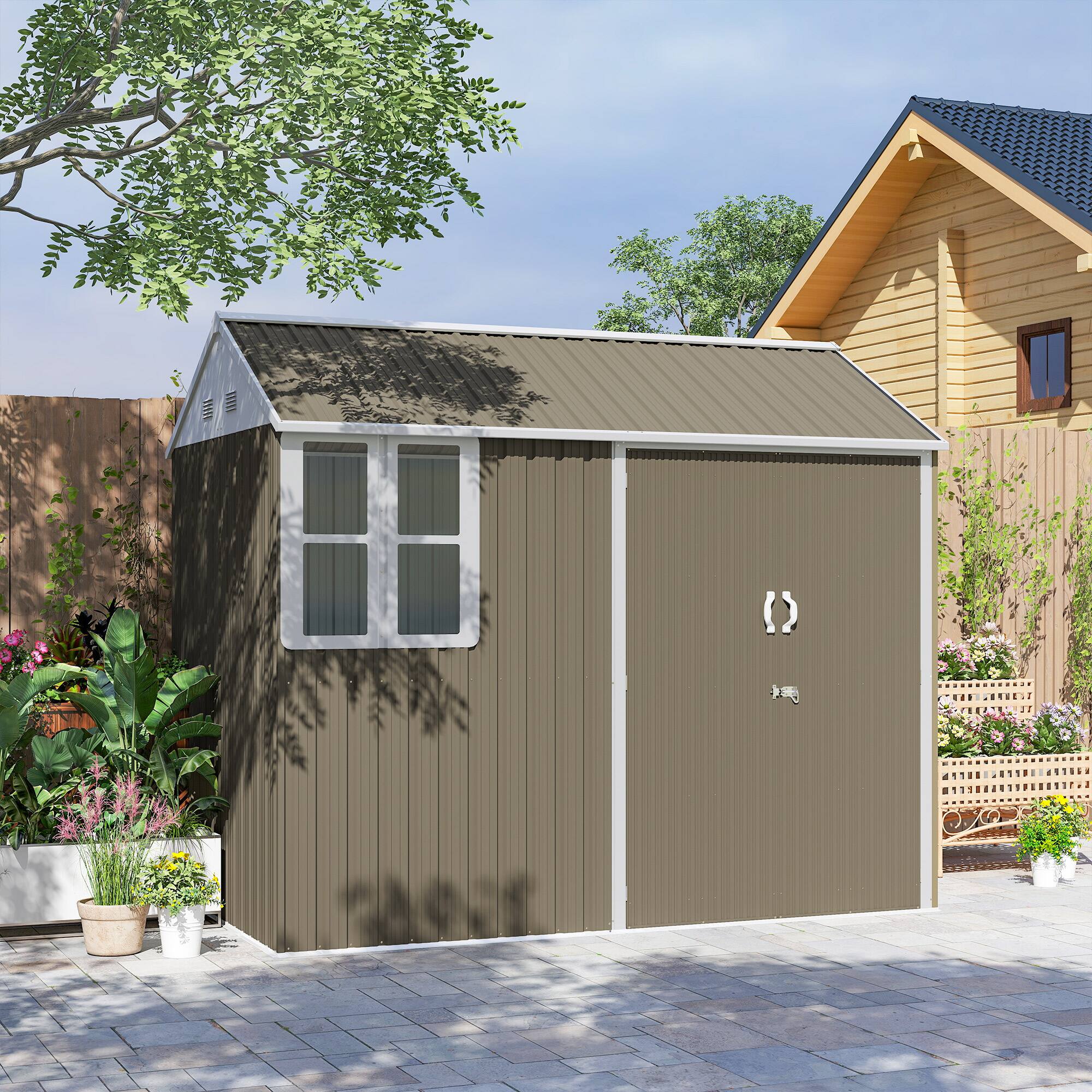 Alt View 8. Outsunny - 8' x 5.5' Outdoor Storage Shed, Metal Garden Shed with Window & Double Lockable Door, Outdoor Tool Shed Storage.