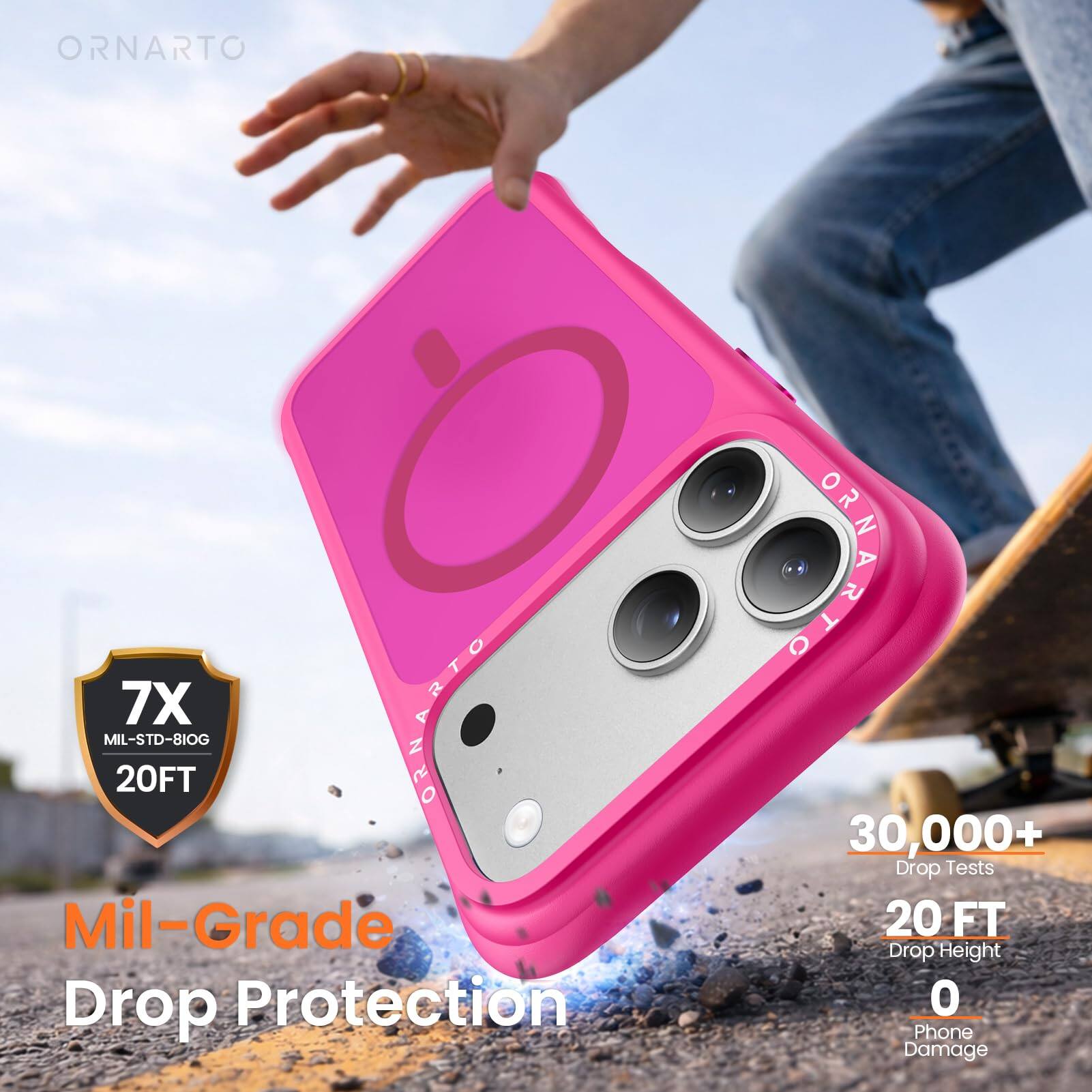 ORNARTO 7X ORNARTO MIL-STD-810G 20FT 0 Mil-Grade Drop Protection GENARTO 30,000+ Drop Tests 20 FT Drop Height 0 Phone Damage