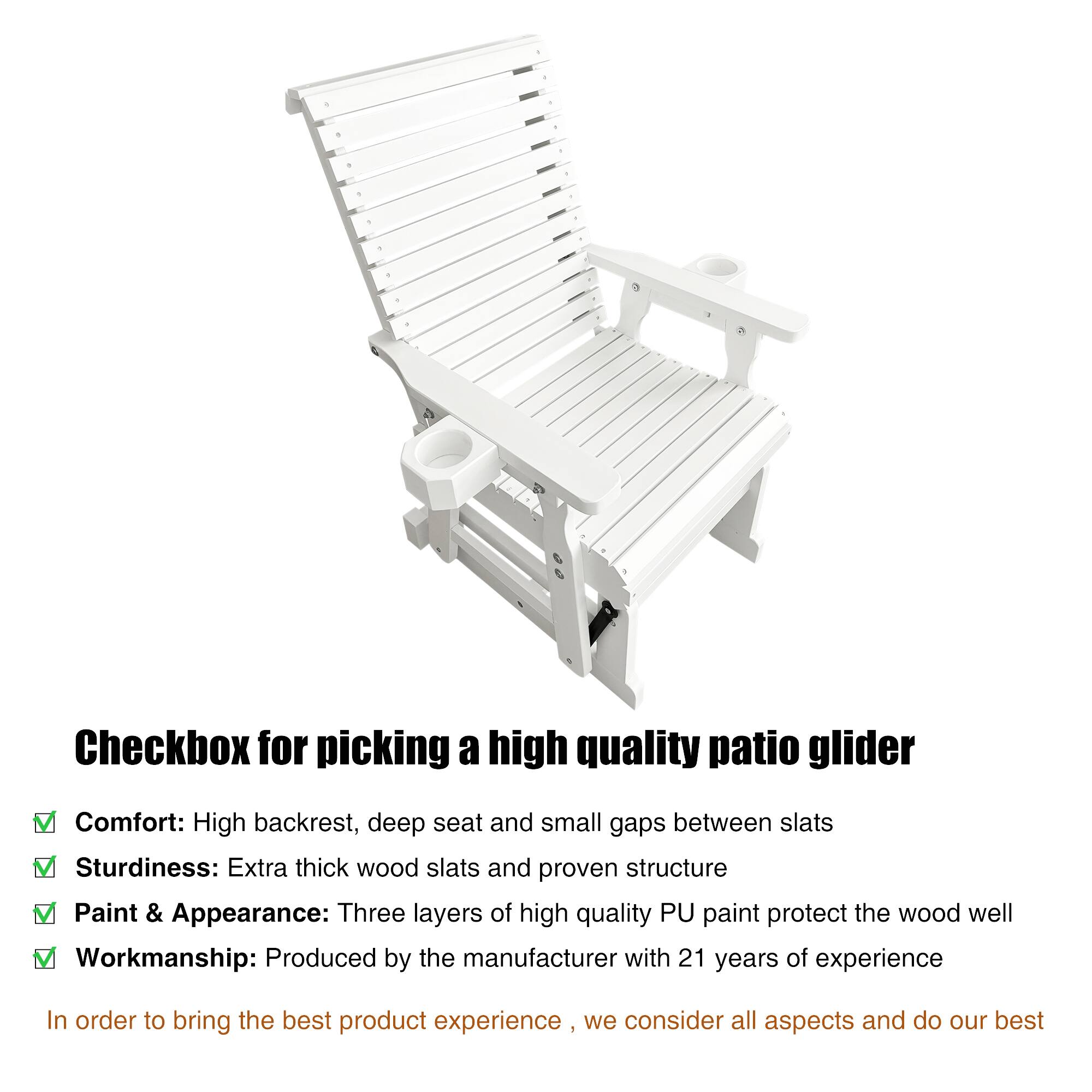 Back. Fortune Candy - Wooden Patio Glider w/High Back & Deep Contoured Seat, Solid Fir Wood, Heavy-Duty 600 lbs(1 Searter, 2 Pack) - White.