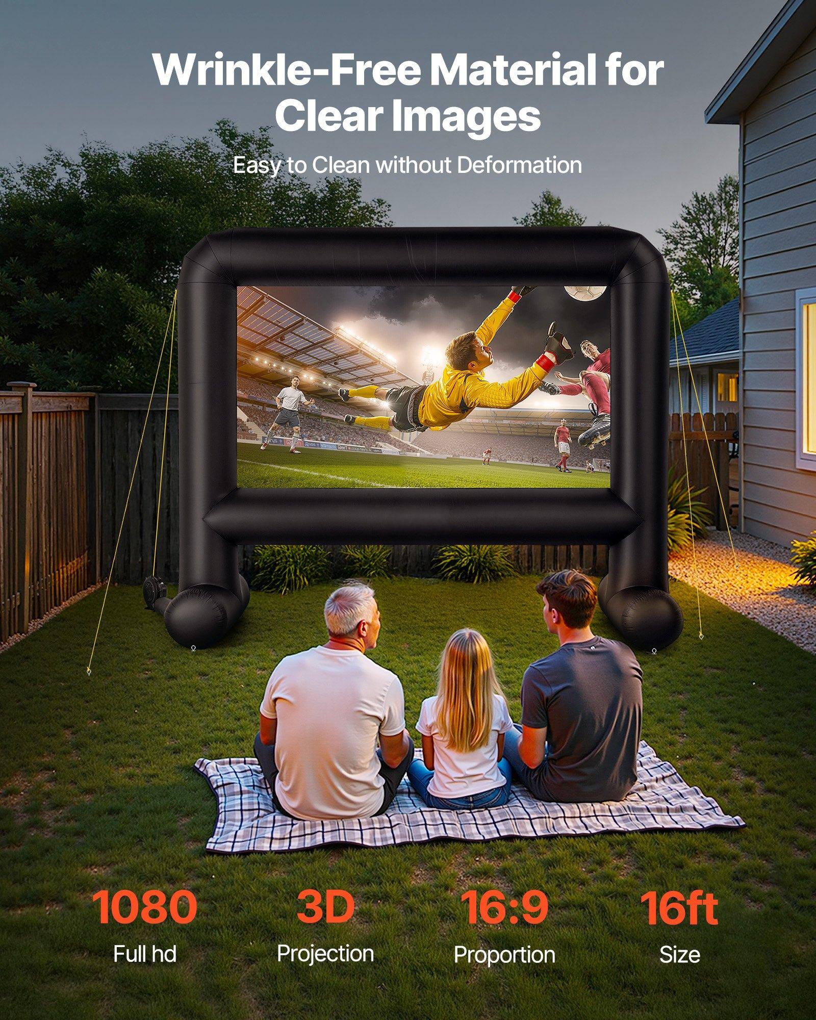 Wrinkle-Free Material for Clear Images  
Easy to Clean without Deformation  

1080 Full HD  
3D Projection  
16:9 Proportion  
16ft Size
