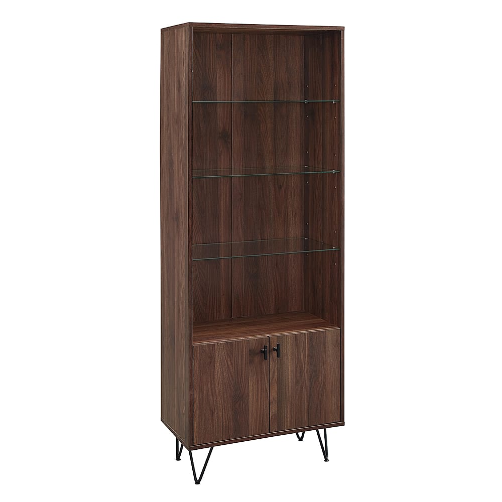 Left View: Walker Edison - Mid Century Modern Hairpin Display Cabinet - Dark Walnut