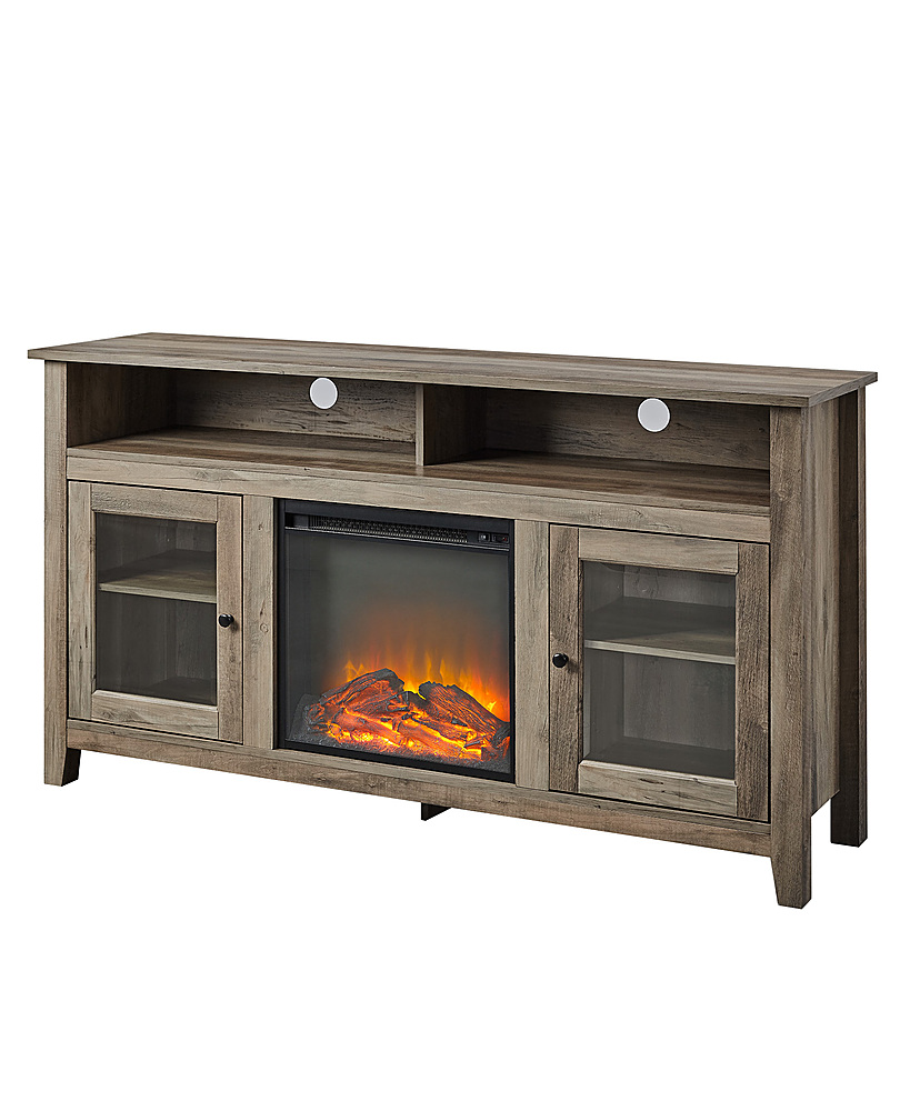 Left View: Walker Edison - Modern Farmhouse Glass Door Fireplace TV Stand for Most TVs up to 65"-  Rustic Oak - Rustic Oak