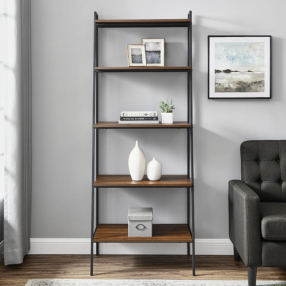 Alt View 11. Walker Edison - 72" Industrial Ladder 5-Shelf Bookcase - Dark Walnut.