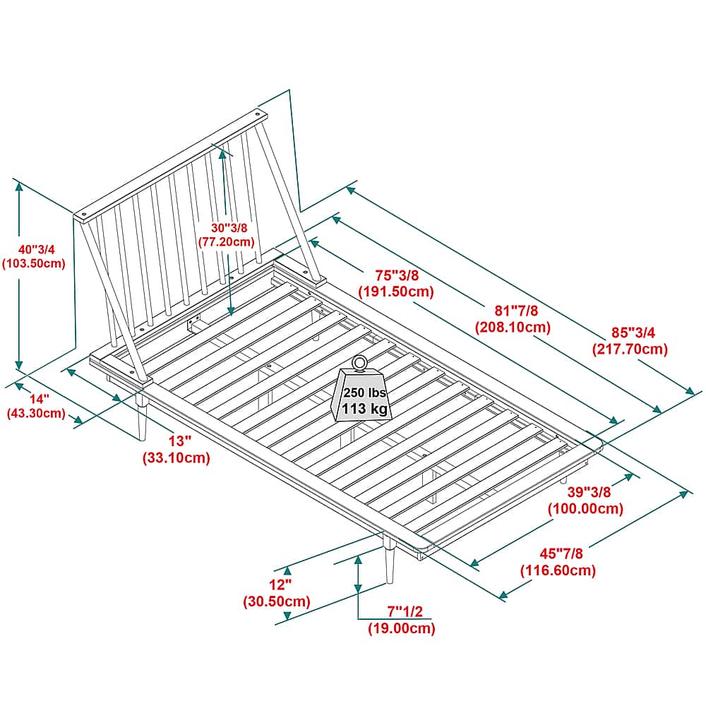 The image shows a wooden structure with a scale drawing of the dimensions and weight of the structure. The dimensions include 40"3/4 (103.50cm) for the width, 30"3/8 (77.20cm) for the height, 75"3/8 (191.50cm) for the length, 81"7/8 (208.10cm) for the width, and 85"3/4 (217.70cm) for the height. The weight of the structure is 250 lbs (113 kg).