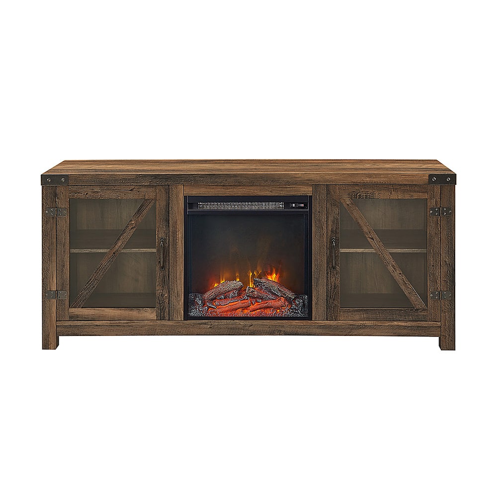 Front. Walker Edison - 58" Modern Farmhouse Glass Door Fireplace TV Stand for Most TVs up to 65" - Rustic Oak.