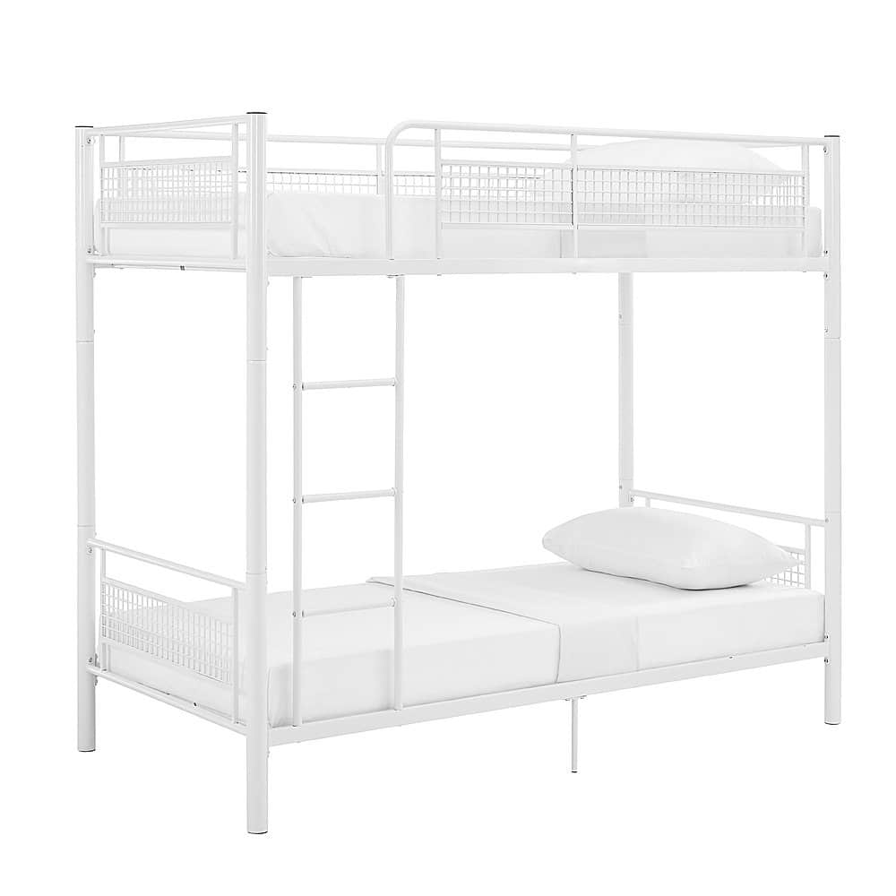 Left View: Walker Edison - Mesh Back Twin Over Twin Metal Bunk Bed - White