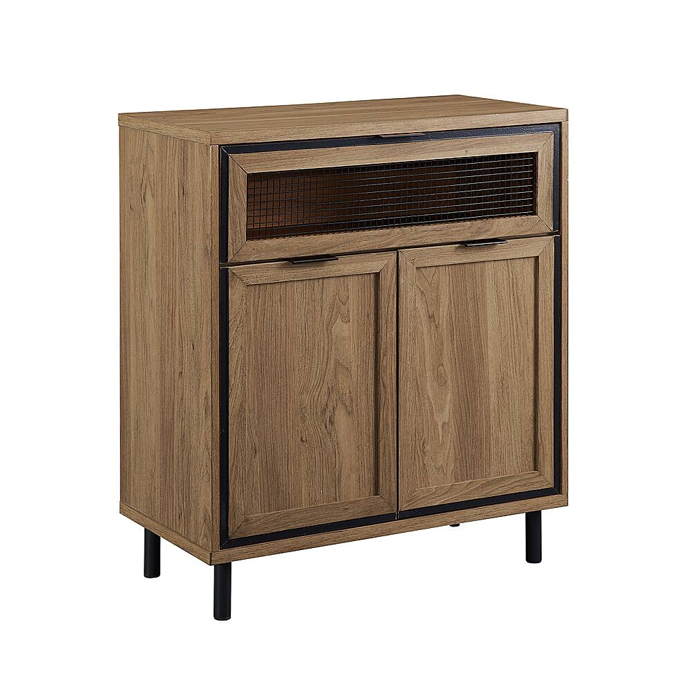 Left View: Walker Edison - Modern Mesh Drop Door Accent Cabinet - English Oak