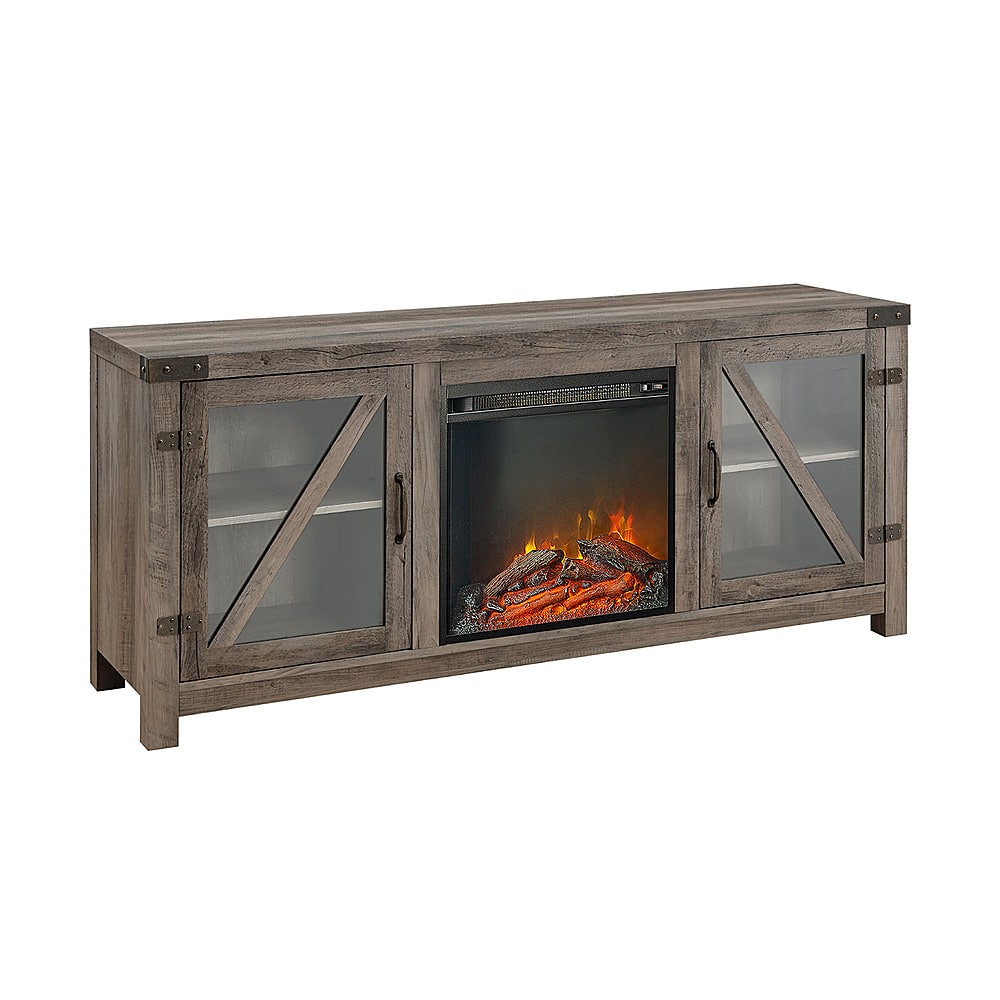 Angle View: Walker Edison - Modern Farmhouse Glass Door Fireplace TV Stand for Most TVs up to 65"-  Grey Wash - Grey Wash