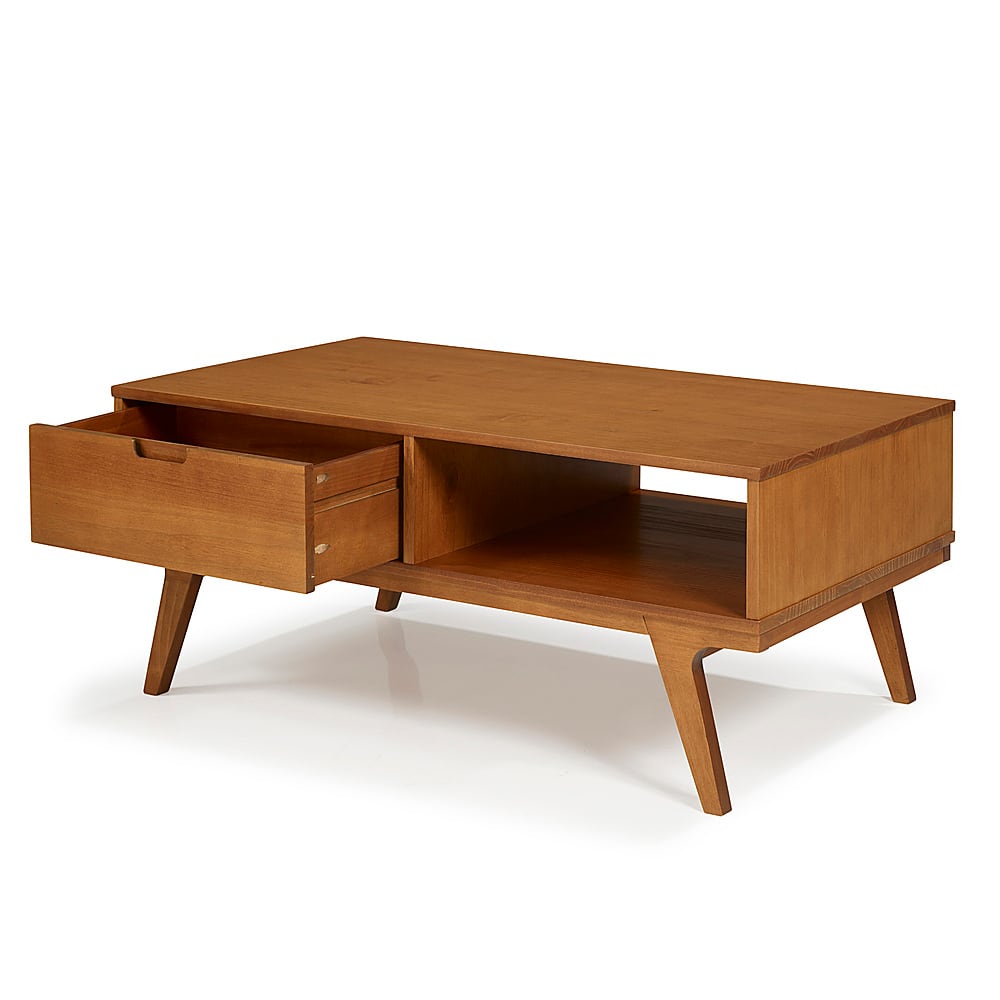 Left View: Walker Edison - 1 Drawer Bridge Leg Solid Wood Coffee Table - Caramel